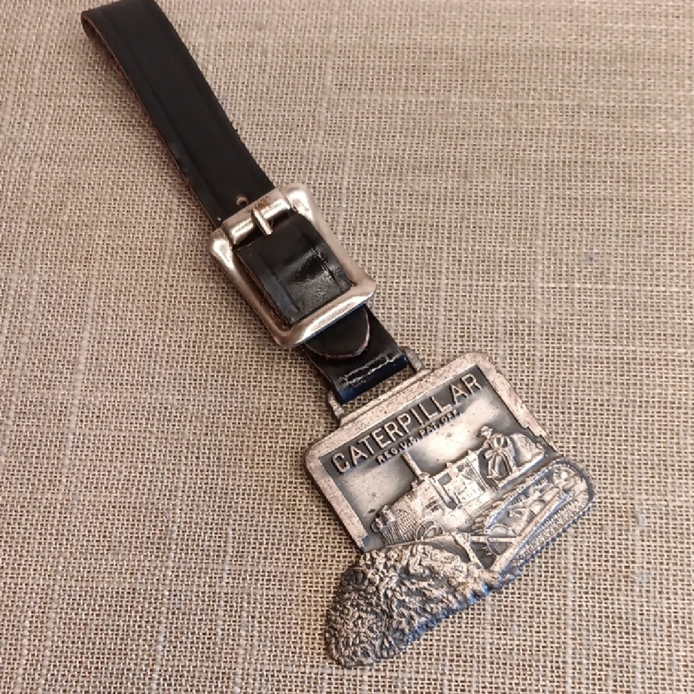 Caterpillar Silver Pewter Watch Fob with Black Leather Strap